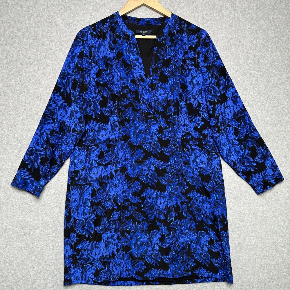 Madewell‎ Director royal blue and black floral printed silk shift dress large